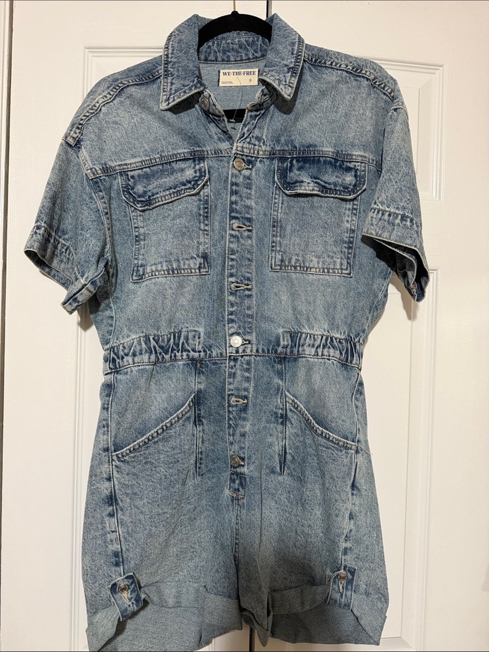 Free People Light Wash Denim Short Sleeve Romper